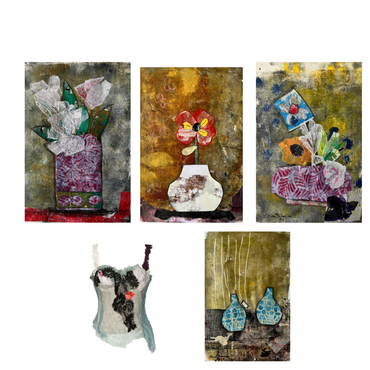 Set of five abstract art pieces with floral and vase elements on a white background