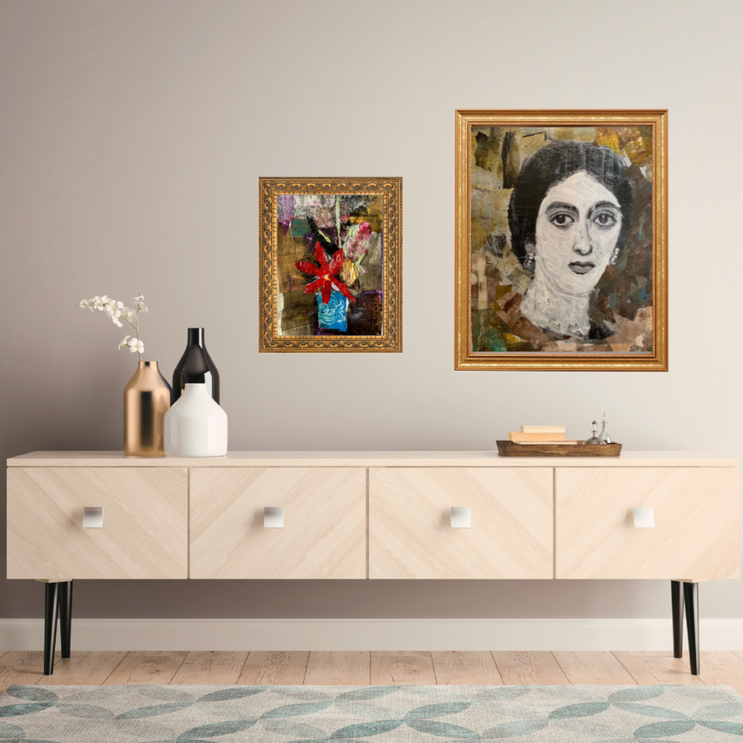 Wall Art. Two framed artworks on a wall above a wooden cabinet with decorative items.