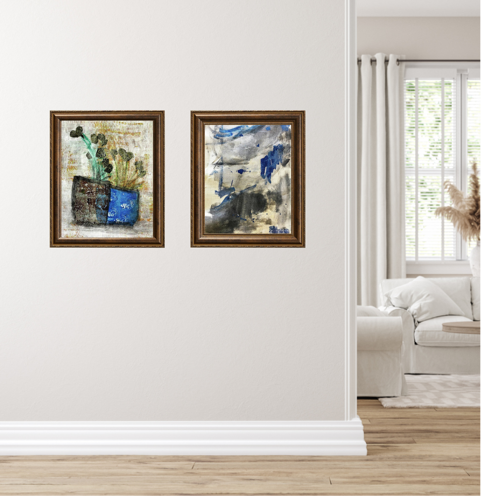 Floral Wall Fine Art Print. Two framed abstract paintings on a wall in a living room.