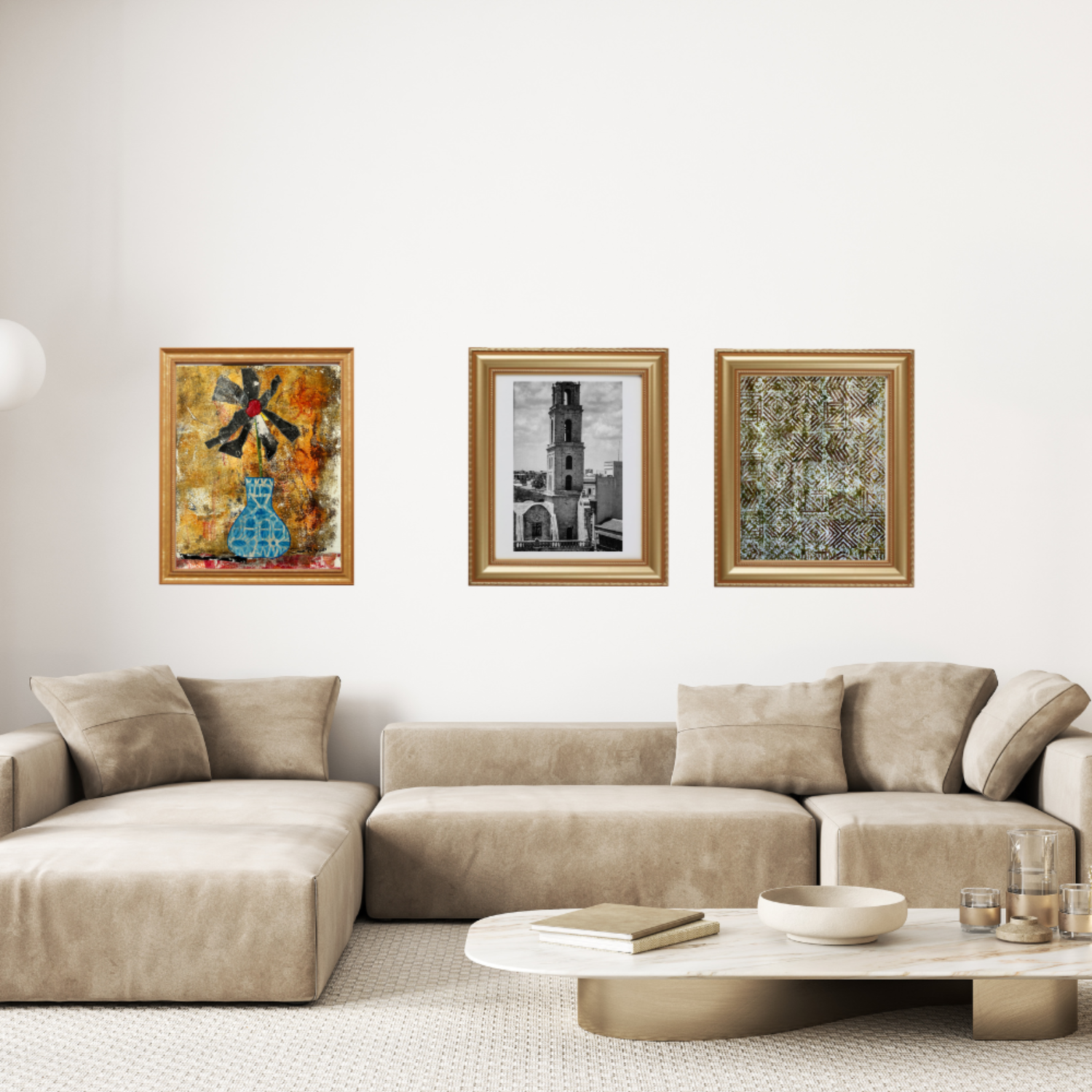 Floral Wall Fine Art Print. Living room with a beige sectional sofa and three framed artworks on the wall.