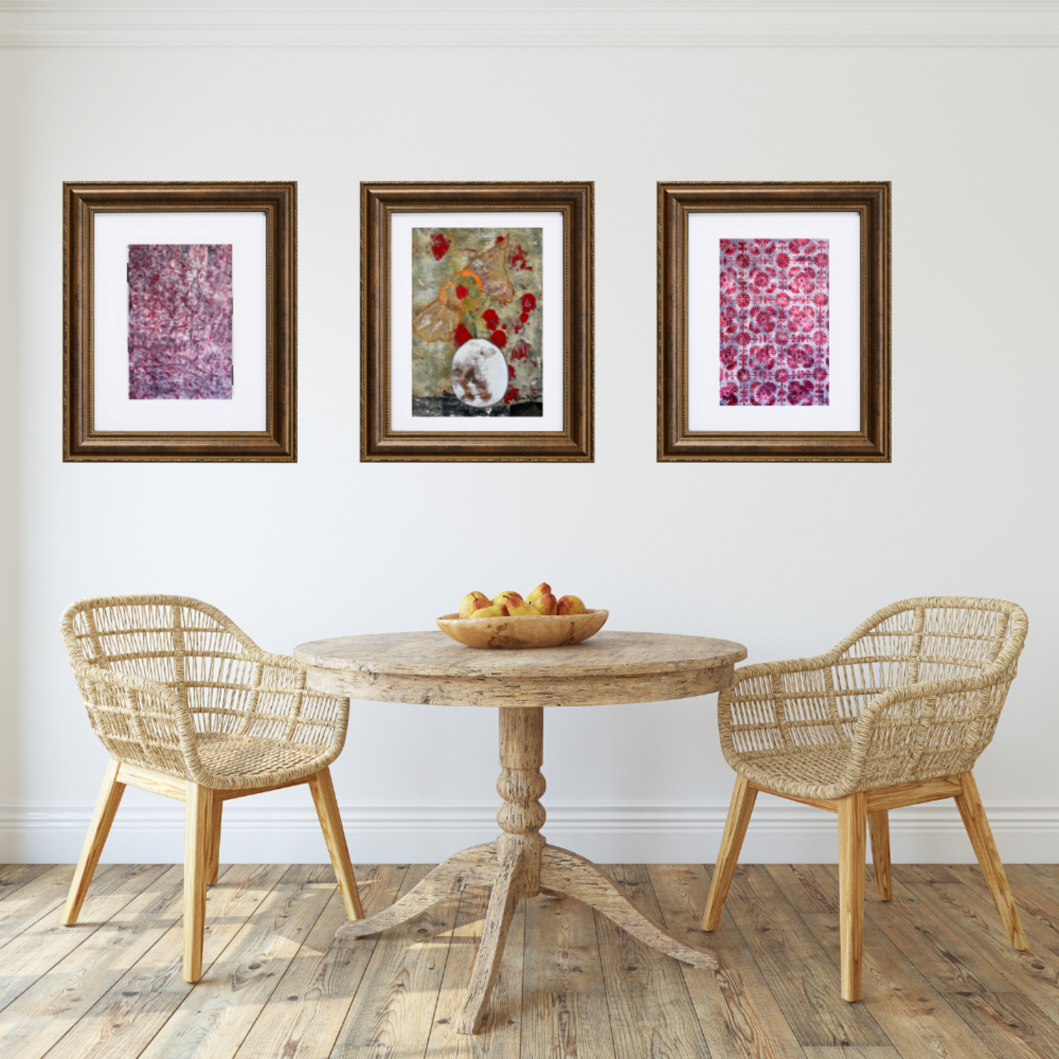  Floral Wall Fine Art Print. Dining room with a wooden table and chairs, and framed artwork on the wall.