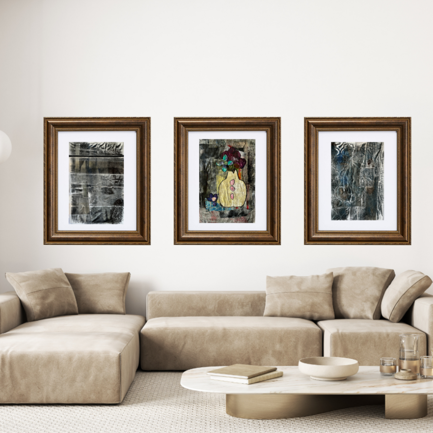 Floral Wall Fine Art Print. Living room with a beige sectional sofa and three framed artworks on the wall.