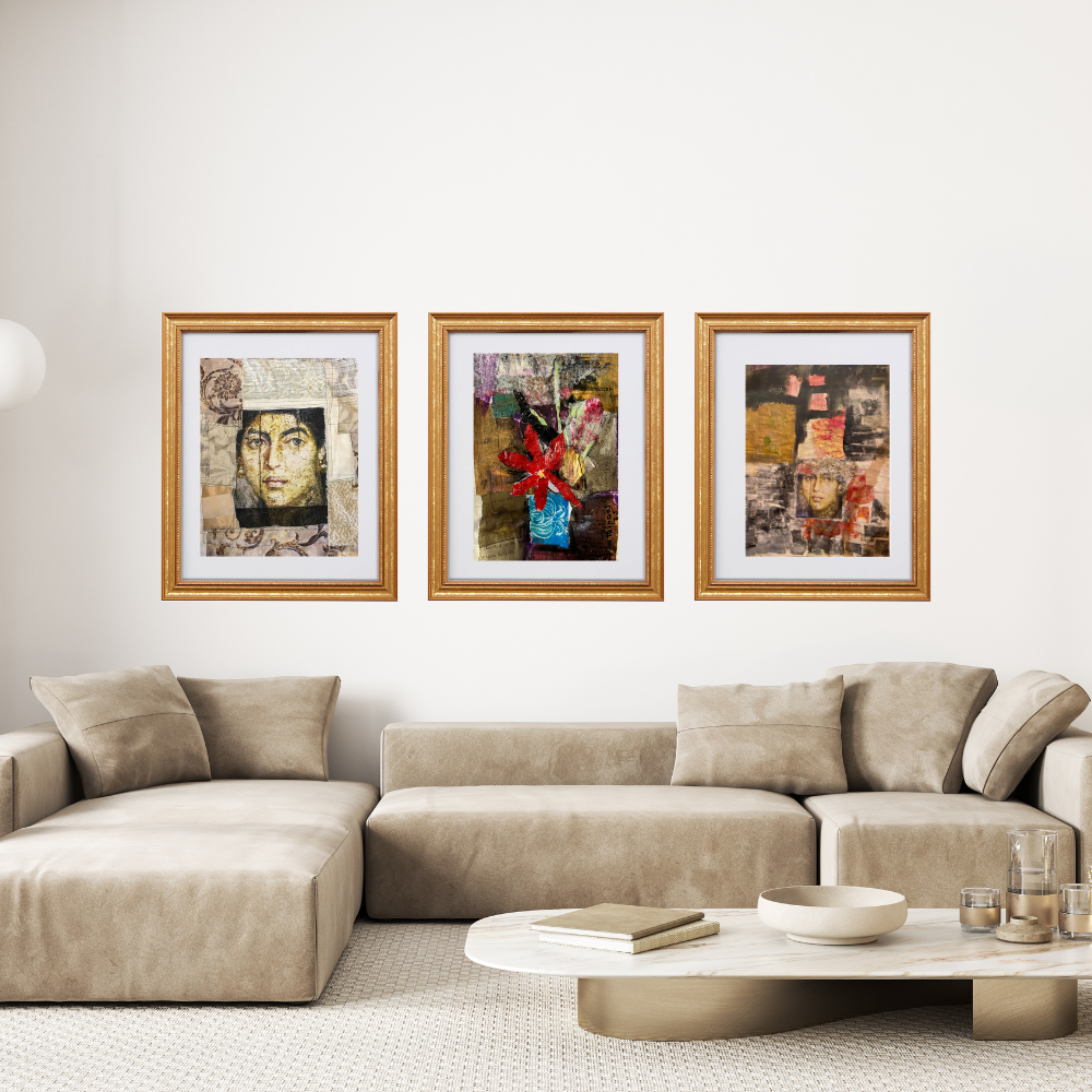 Floral Wall Fine Art Print. Beige sectional sofa in a living room with three framed artworks on the wall.