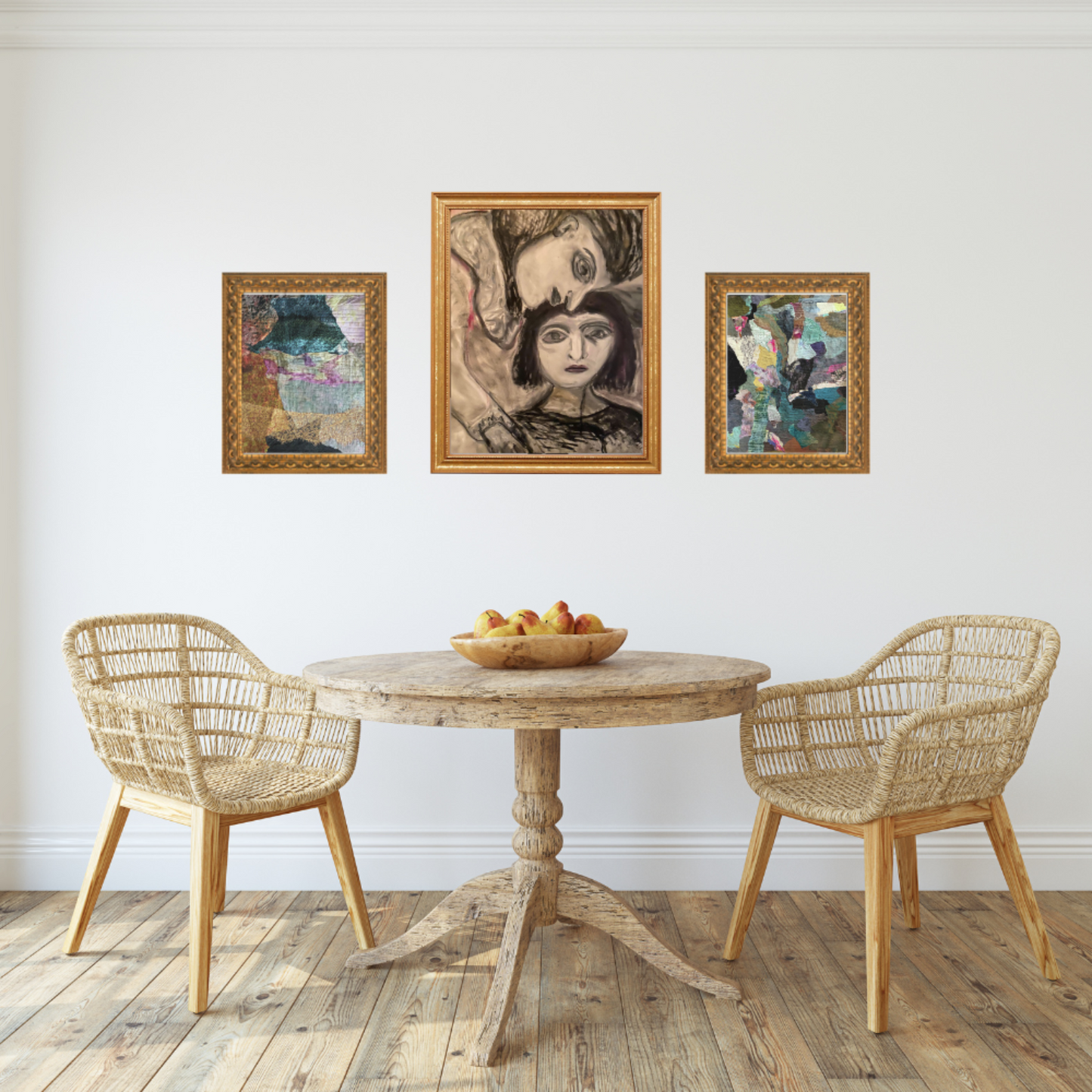 Dining room with wooden table and wicker chairs, featuring framed artworks on the wall.
