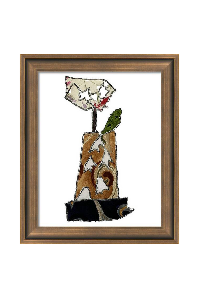 Framed abstract artwork with a stylized flower on a white background