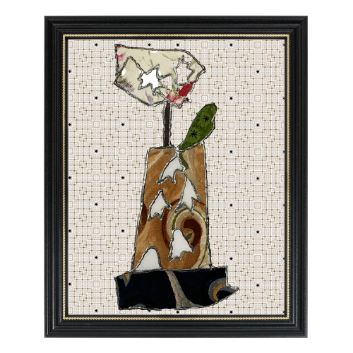 Artistic depiction of a flower with a geometric pattern in a black frame.