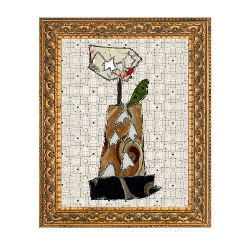 Decorative artwork with a stylized flower design in a gold frame on a white background