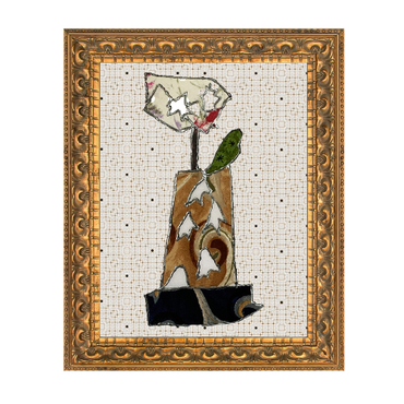 Decorative artwork with a stylized flower design in a gold frame on a white background