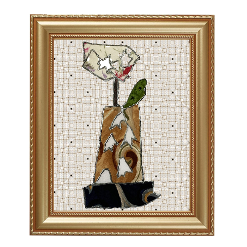 Framed mosaic artwork of a flower in a vase on a white background