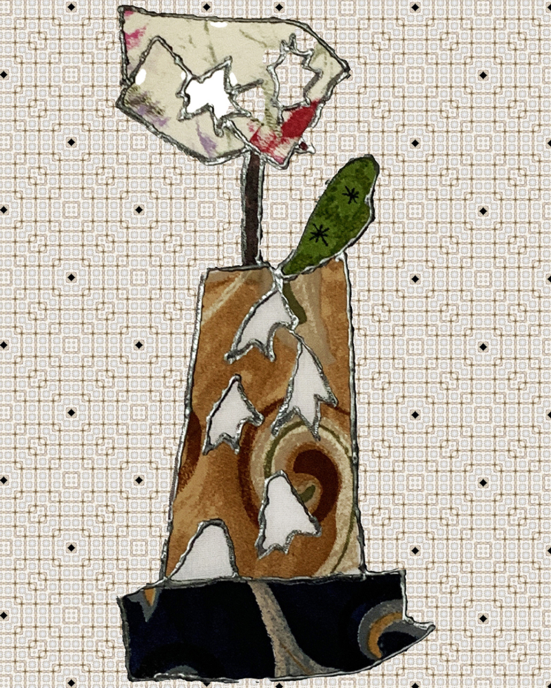 Artistic depiction of a flower with abstract patterns on a grid background