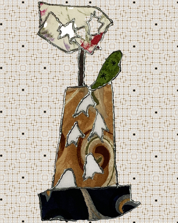 Artistic depiction of a flower with abstract patterns on a grid background