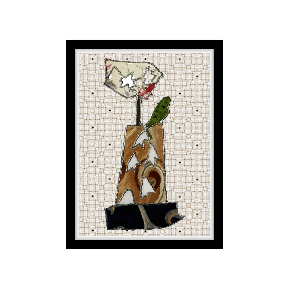 Framed abstract artwork with geometric patterns on a white background