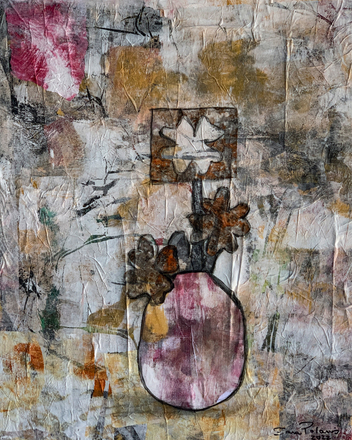 Abstract art piece with a central vase and star design on a textured background