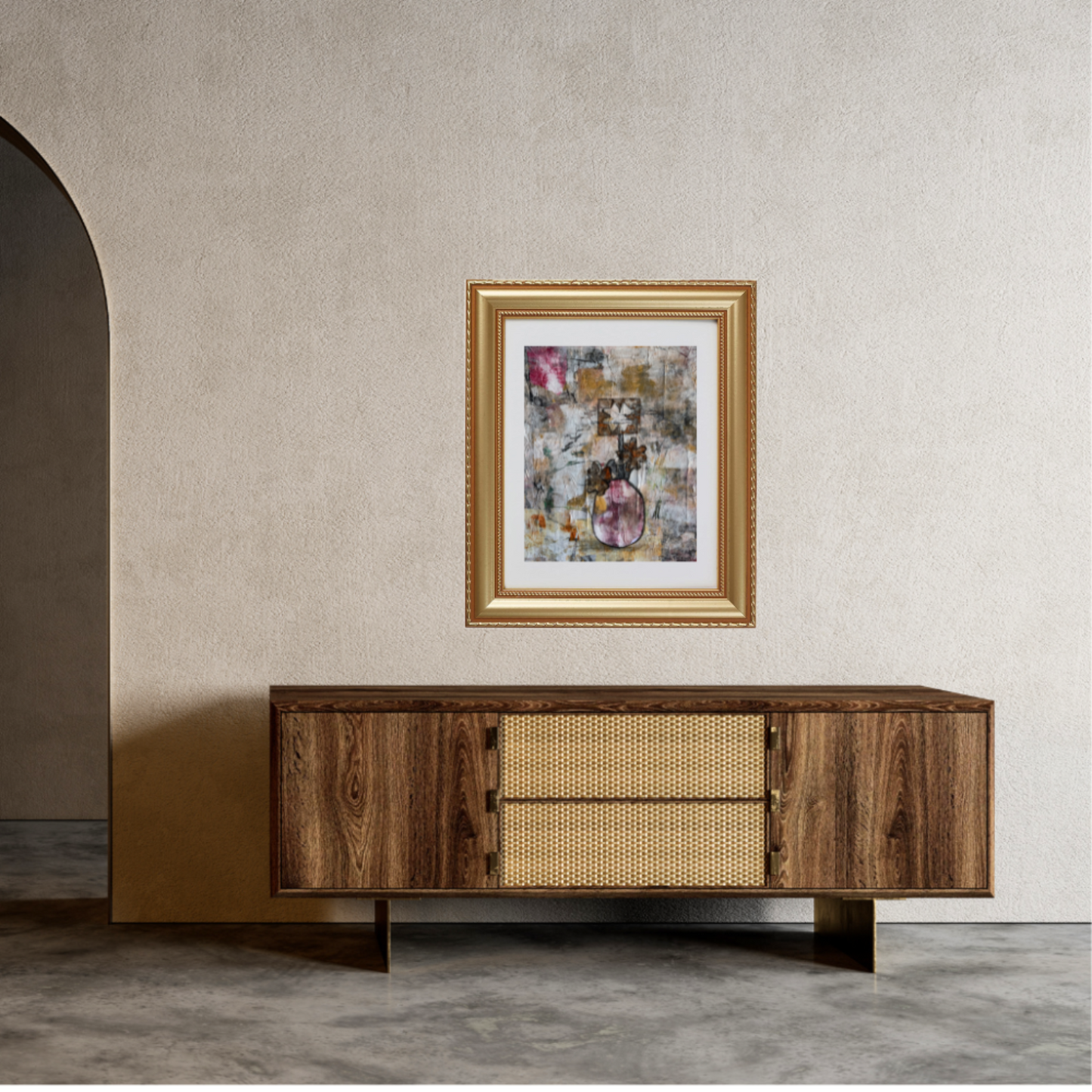  Floral Wall Fine Art Print. Wooden sideboard with wicker drawers against a beige wall with a framed abstract painting.