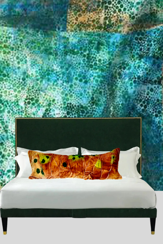 “One-of-a-kind Wood-Sorrel lumbar pillow in velvet with hand-painted green and gold accents by Sara Palacios Designs