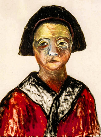 Portrait print of a woman named Winifred in a red and black vintage garment, with a moody expression and painterly facial tones. From the She in Red collection.