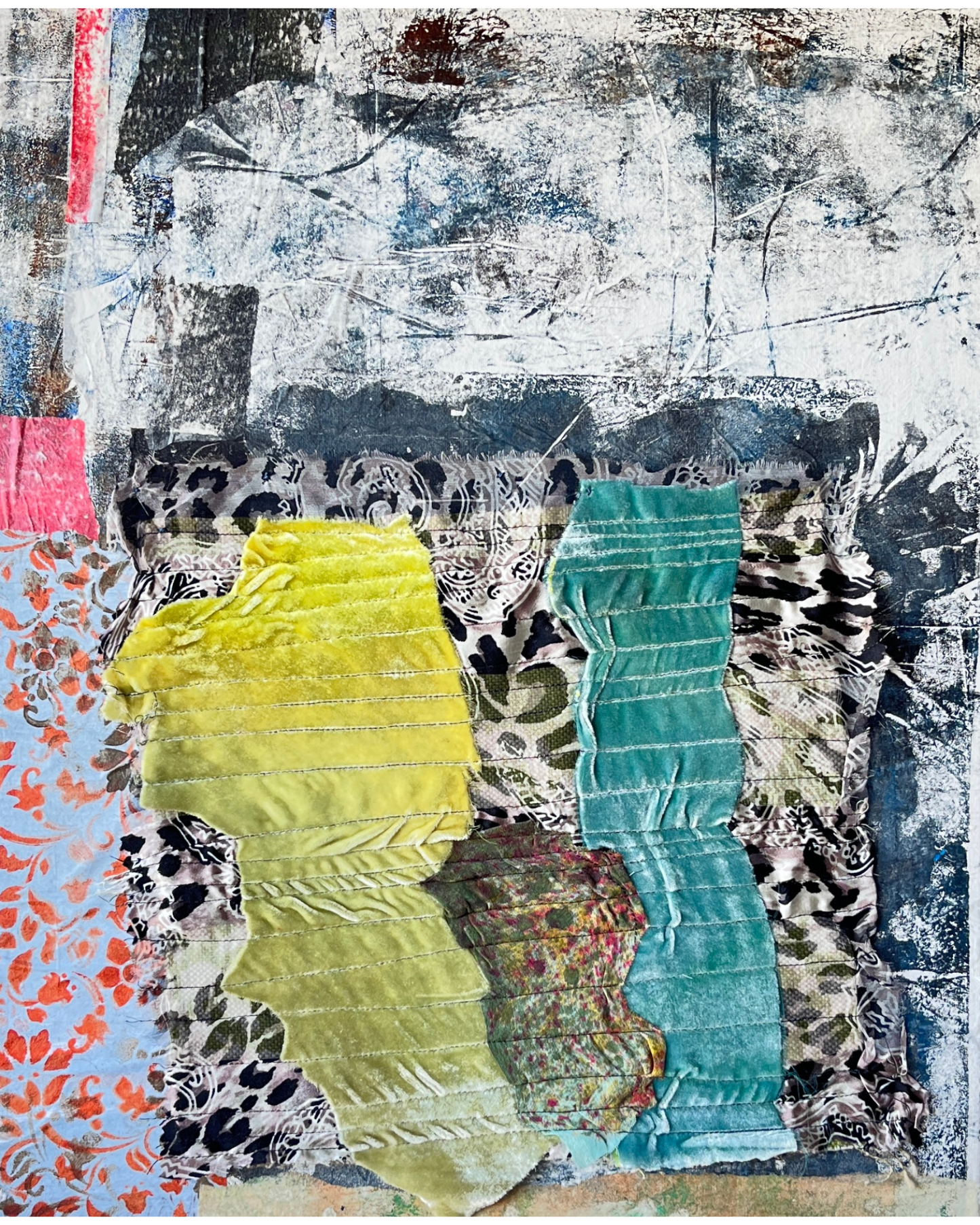 Collage with textured paper and colorful patches