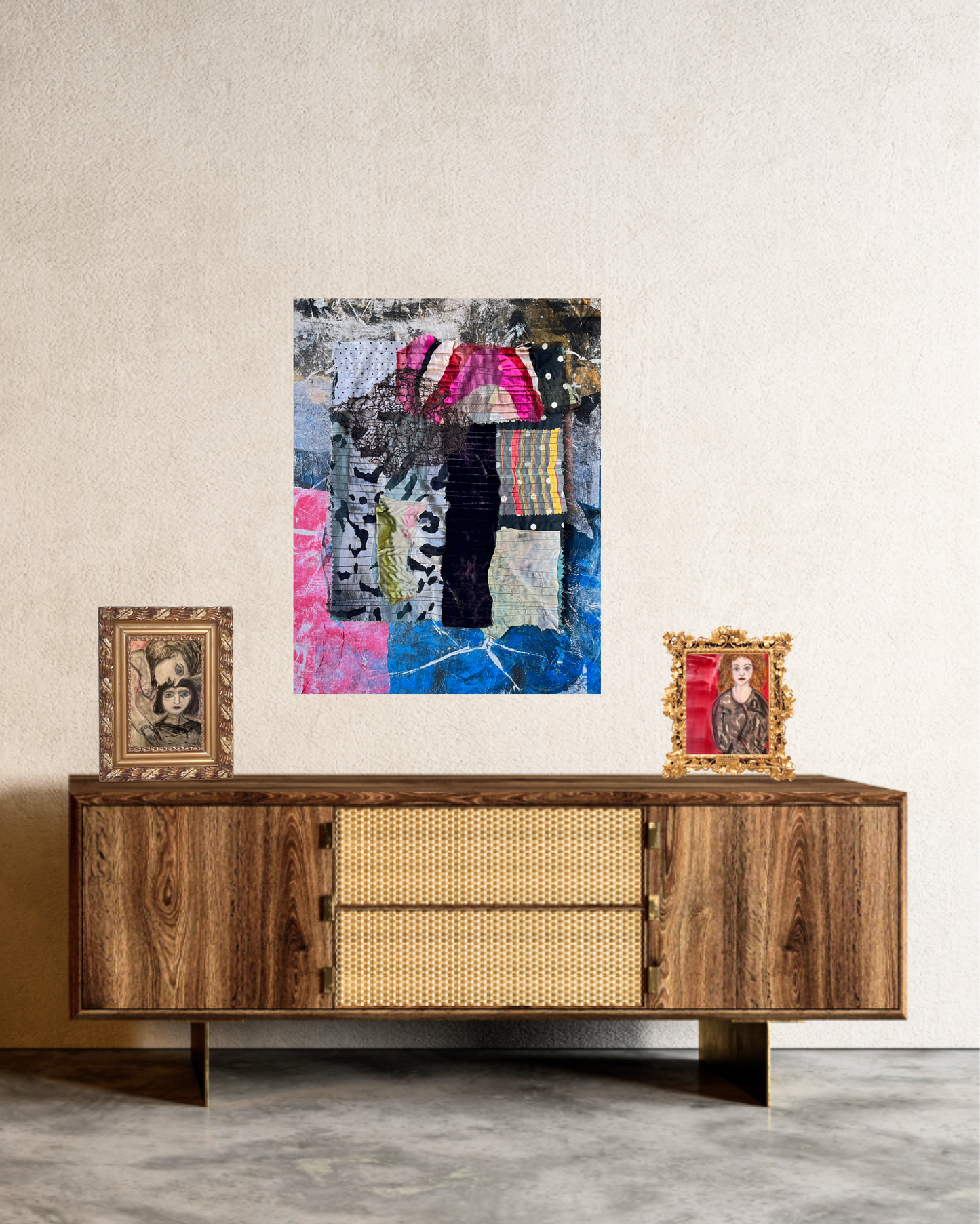 Wooden sideboard with decorative items and abstract art on a wall.