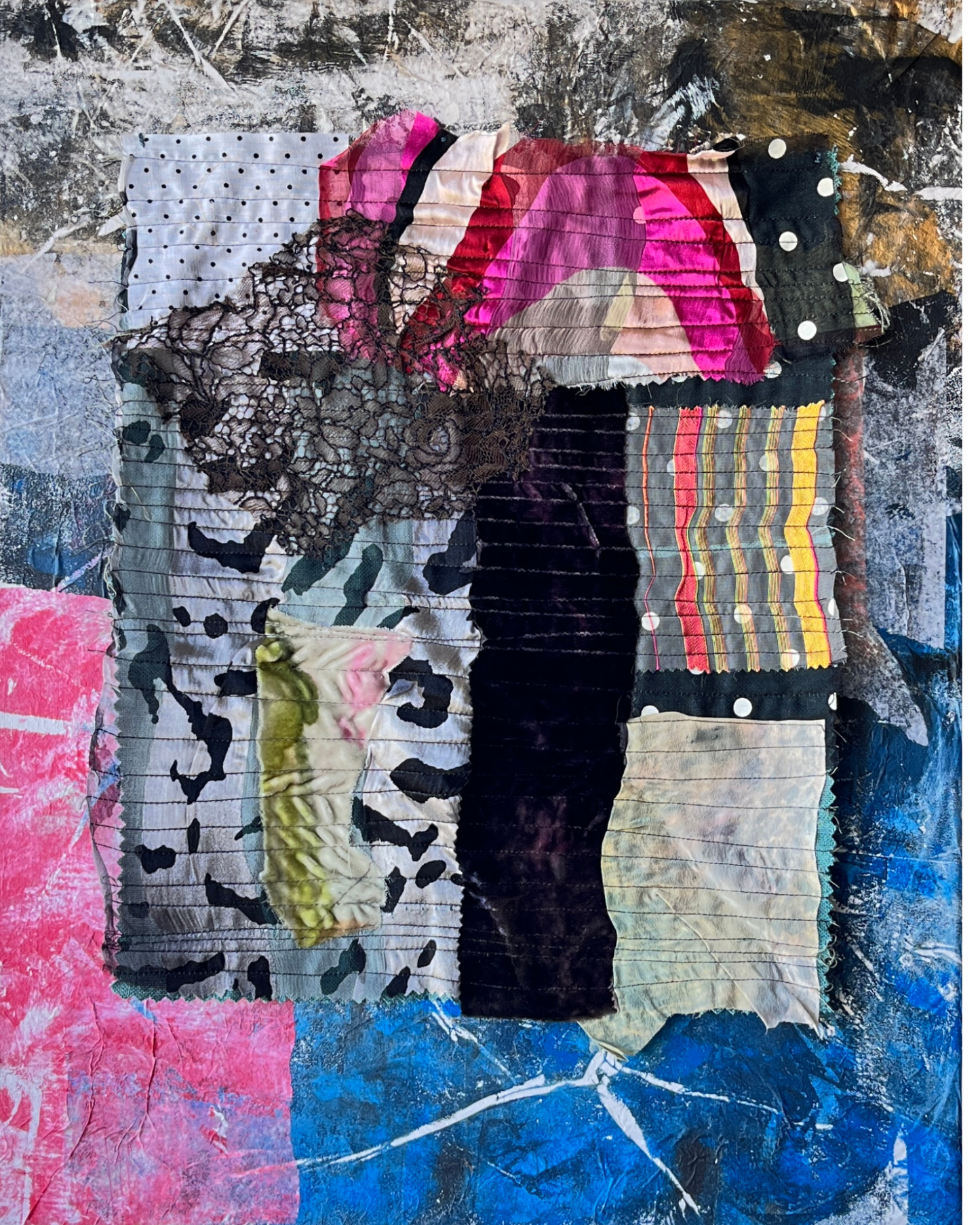Collage art with colorful patterns and textures on a textured background