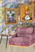 Purple floral-patterned sofa with decorative paintings on a textured wall.