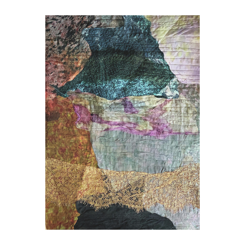 Multicolored textured fabric with various patterns and colors on a white background