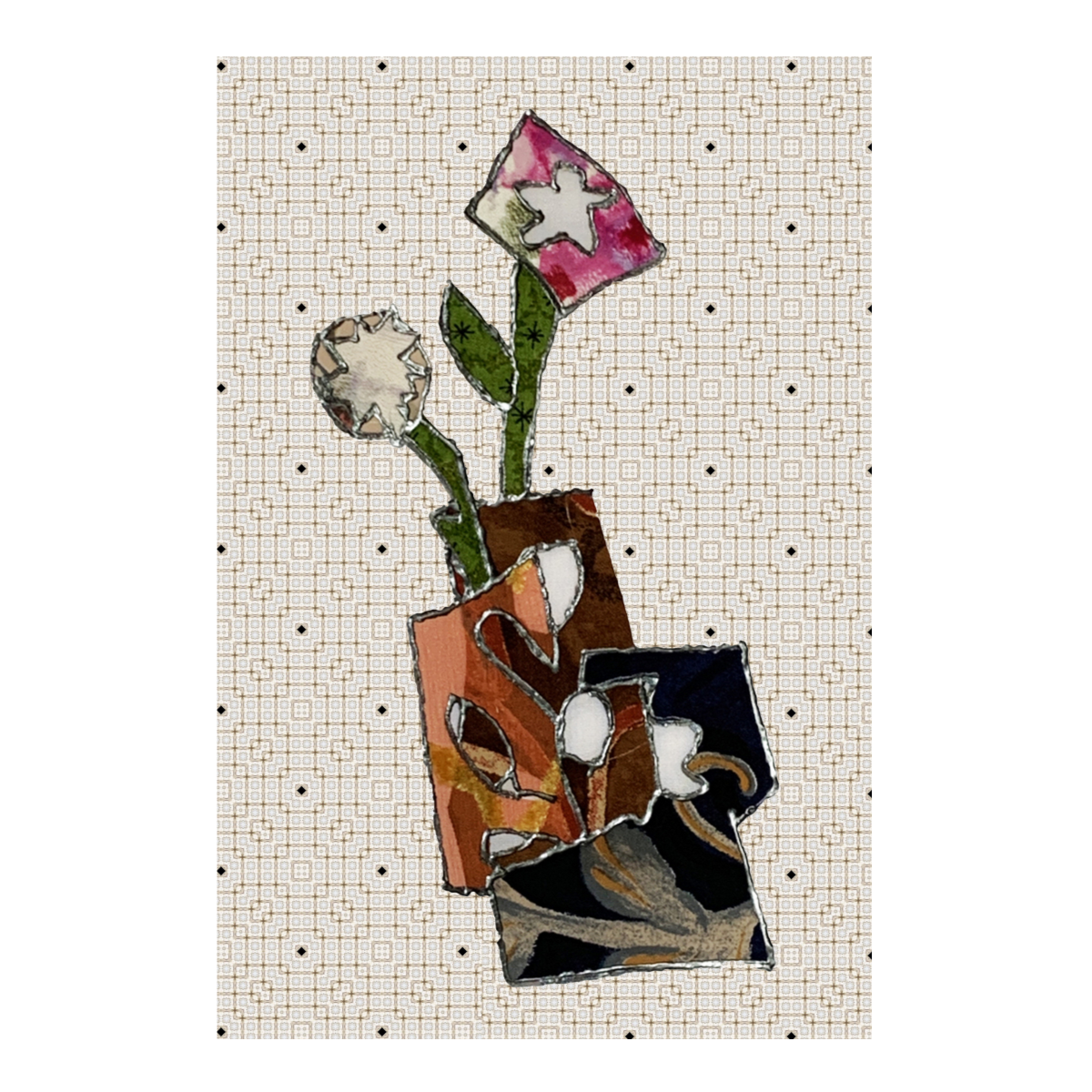 Artistic depiction of flowers in a vase on a grid background