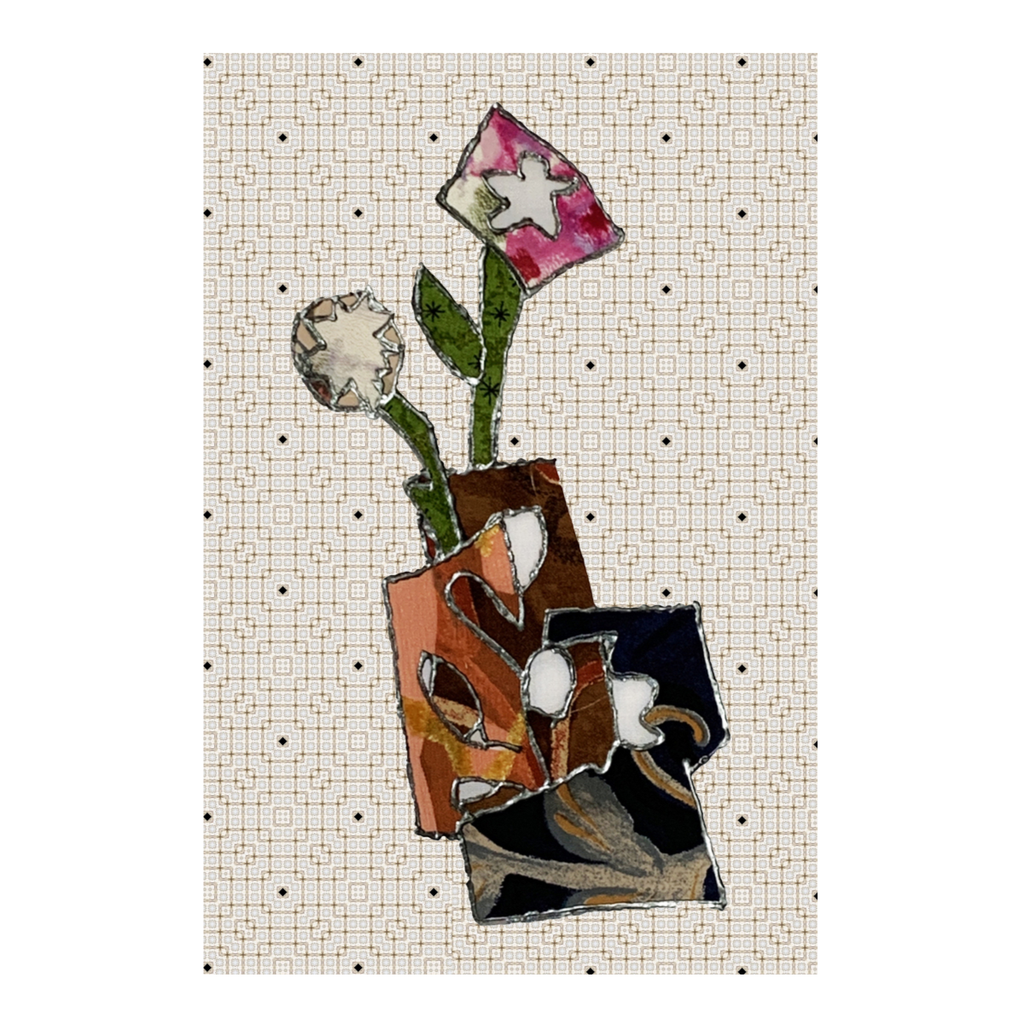 Artistic depiction of flowers in a vase on a grid background