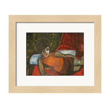 Framed painting of a figure in a red garment with a white border