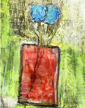 Abstract artwork with blue flowers in a red vase on a textured green background