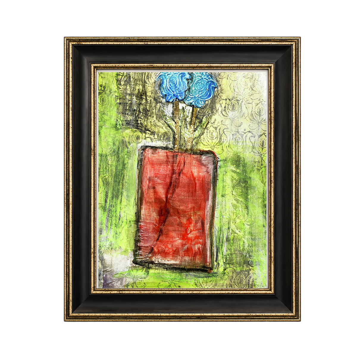 A framed abstract painting featuring a red rectangular form with blue flower-like shapes at the top, set against a textured green and white background, enclosed in a black frame with gold detailing.