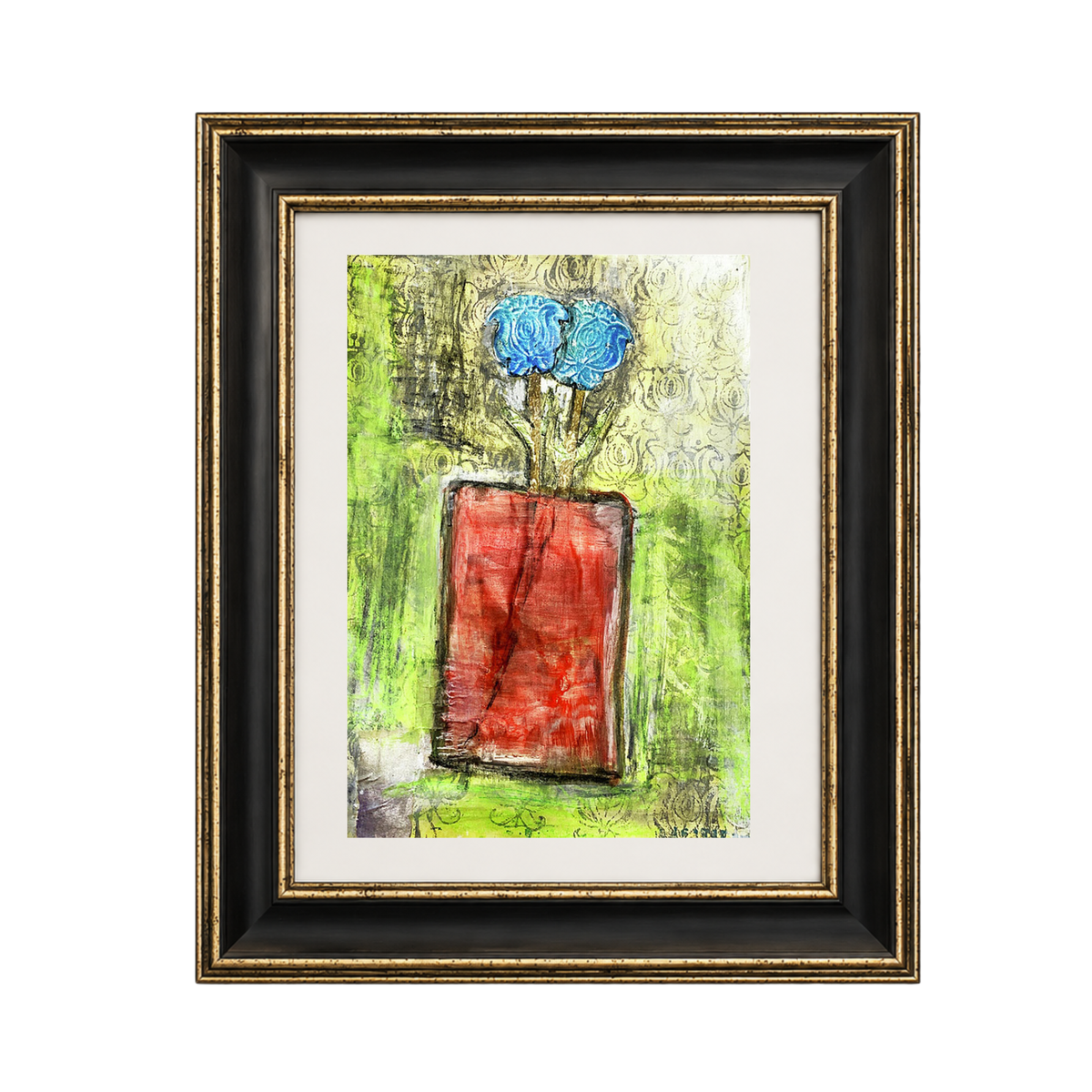 A framed art print featuring an abstract painting of blue flowers in a red vase against a green textured background, enclosed in a black frame with gold trim and a white mat.