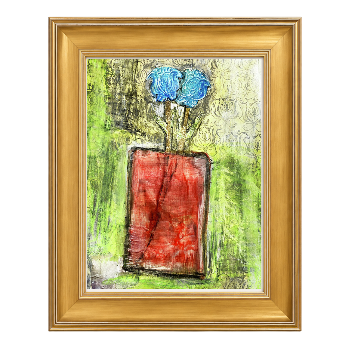 A framed painting featuring a red rectangular vase with two blue flower-like forms against a textured green and white background, enclosed in a gold frame.