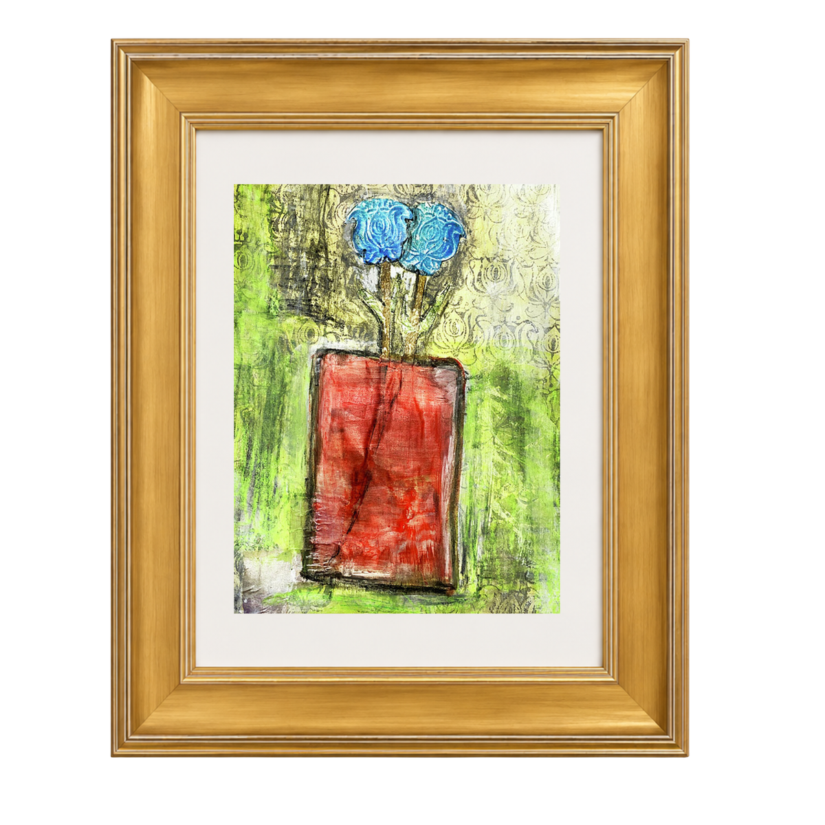 Framed abstract art print featuring a red rectangular form with two blue flower-like shapes against a textured green and gray background, set in a white mat and a gold frame.
