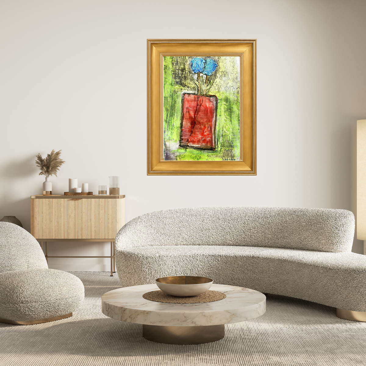 A framed abstract painting featuring a red rectangular form with blue flowers on a green background, hung on a light beige wall above a curved boucle sofa in a modern living room.