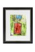Framed artwork of a vase with blue flowers and red fabric against a green background.