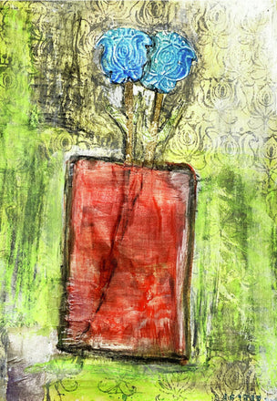 Mixed media collage titled Amber Moon by Sara Palacios. The artwork presents a lively floral arrangement in warm amber, red, and green hues, layered with expressive textures and brushwork, set against a softly patterned backdrop.