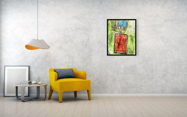 Mixed media collage titled Amber Moon by Sara Palacios. The artwork presents a lively floral arrangement in warm amber, red, and green hues, layered with expressive textures and brushwork, set against a softly patterned backdrop.