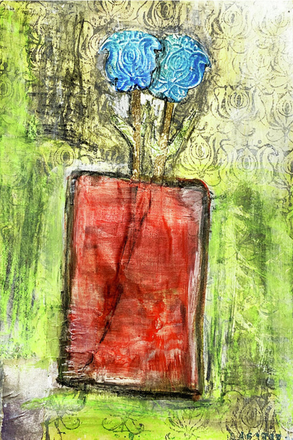 Abstract painting of a red vase with blue flowers on a textured green background
