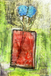 Abstract painting of a red vase with blue flowers on a textured green background
