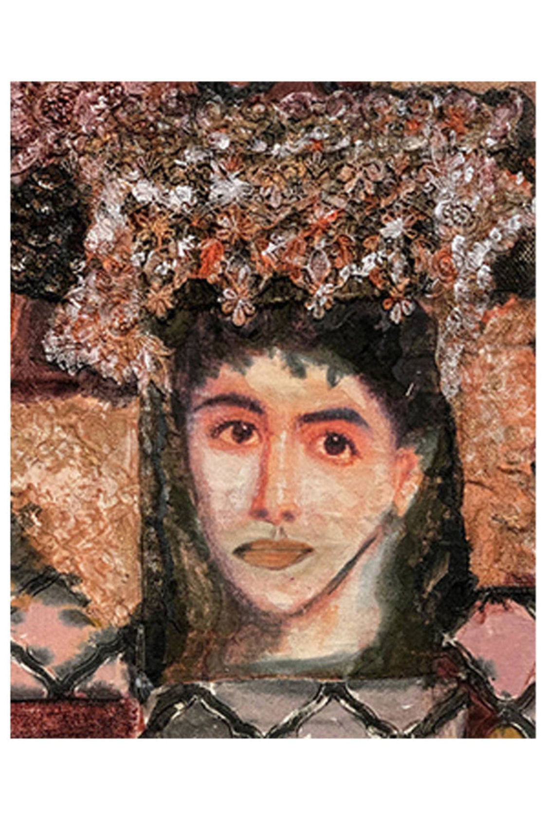 Textile portrait of a woman with expressive eyes and a detailed lace crown, created from rich fabric textures in soft pinks, blacks, and browns.