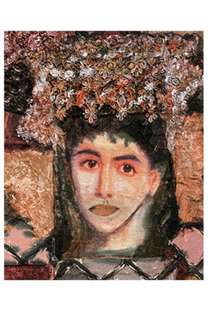 Textile portrait of a woman with expressive eyes and a detailed lace crown, created from rich fabric textures in soft pinks, blacks, and browns.