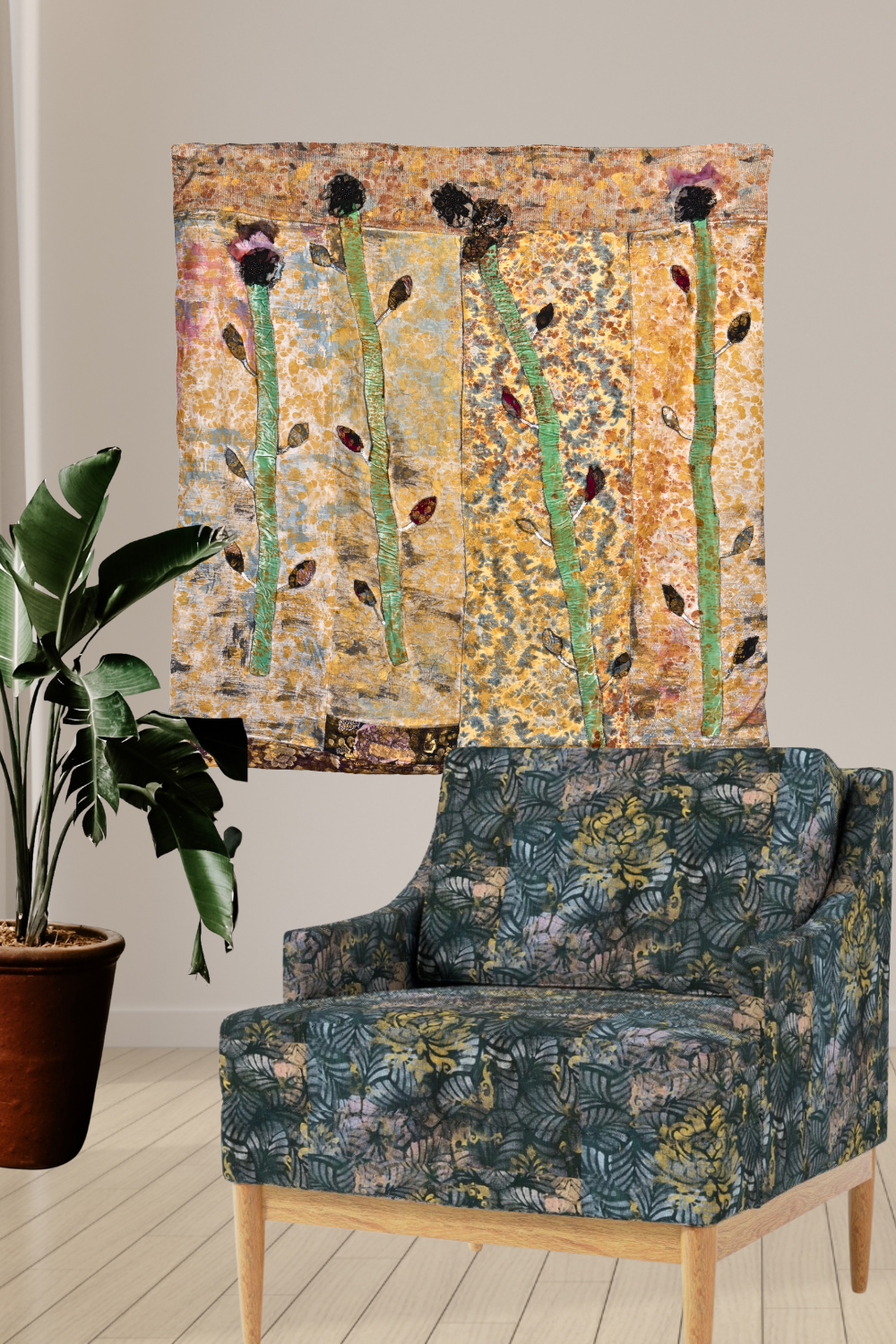 wall haning  hanging in a room with a blue chair and a plant