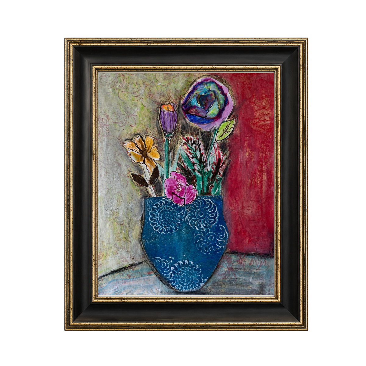 A framed painting of a blue patterned vase filled with colorful flowers, including yellow, pink, purple, and green, set against a textured red and beige background. The painting is housed in a black frame with a gold inner border and a textured gold outer frame, shown on a plain white background.