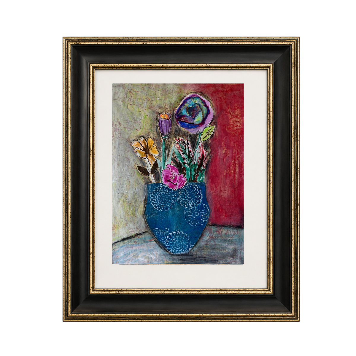 A framed art print featuring a colorful still life painting of flowers in a blue vase, set against a black frame with gold detailing and a white mat.