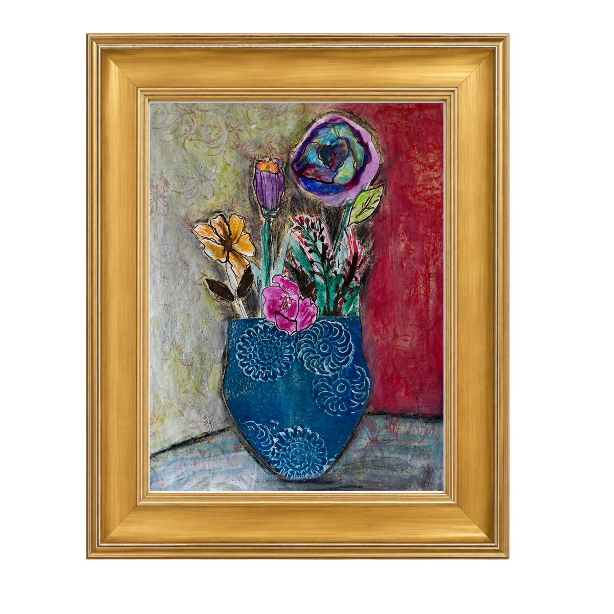 Framed painting of a blue patterned vase filled with colorful flowers, including purple, pink, yellow, and green tones, set against a textured red and gray background. The artwork is housed in a wide, ornate gold frame.