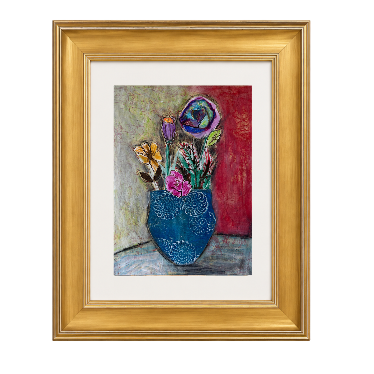 Framed floral artwork featuring a blue patterned vase with purple, pink, yellow, and green flowers against a red and gray background, presented in a gold frame with a white mat on a light gray background.