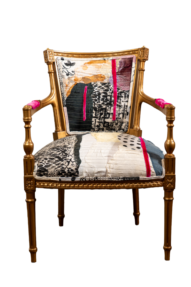 Decorative chair with a patterned cushion on a white background