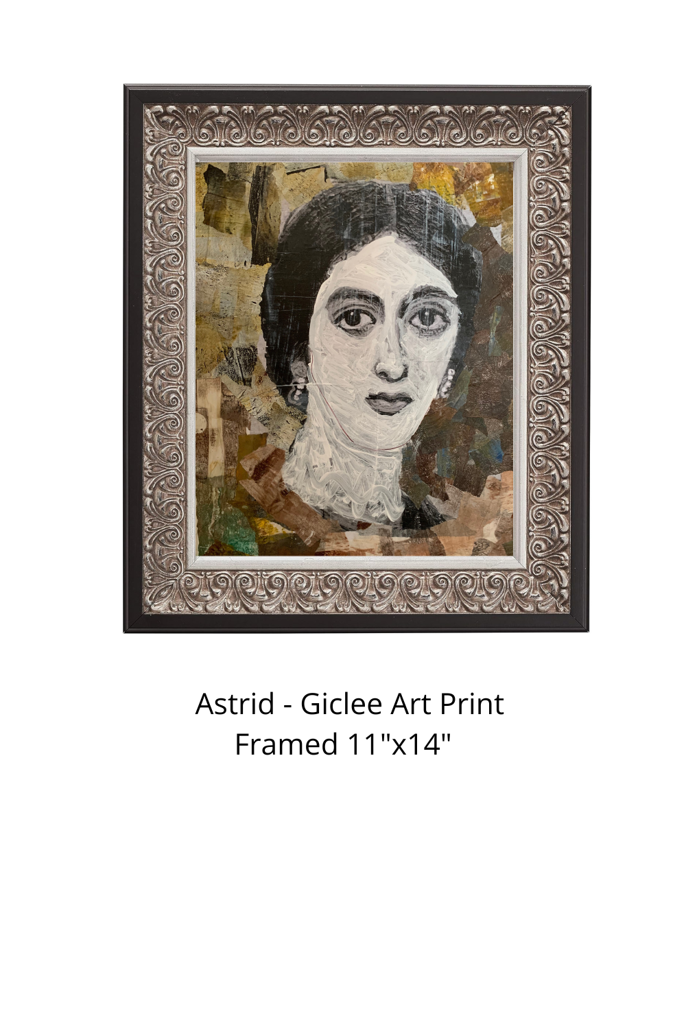Framed art print featuring a stylized portrait painting of a woman with dark hair, shown with an ornate silver-toned frame and text below reading 'Astrid - Giclee Art Print Framed 11"x14"'.