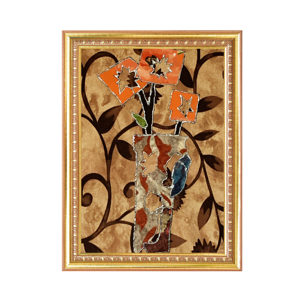 Decorative wall art with floral design in a gold frame on a beige background