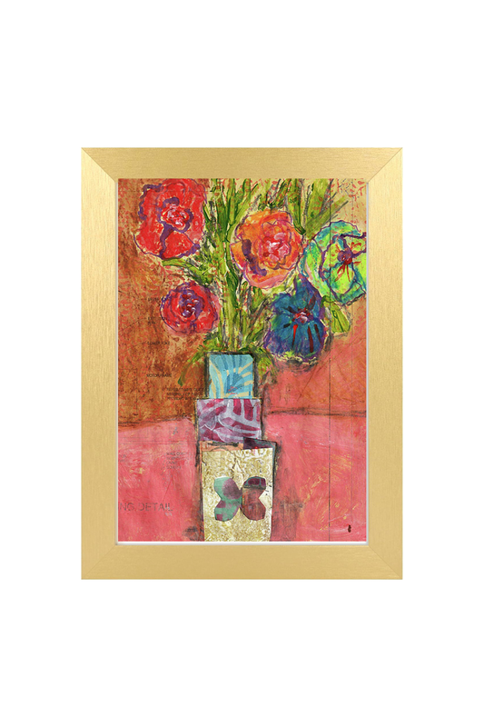 Framed artwork of a colorful still life with flowers and a vase on a textured background.